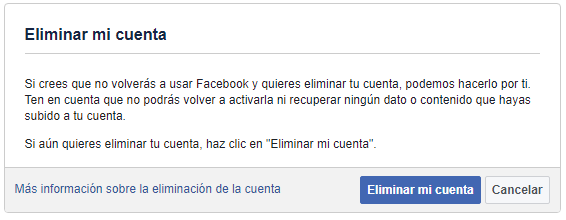 Pantalla de confirmación de mi cuenta en Facebook